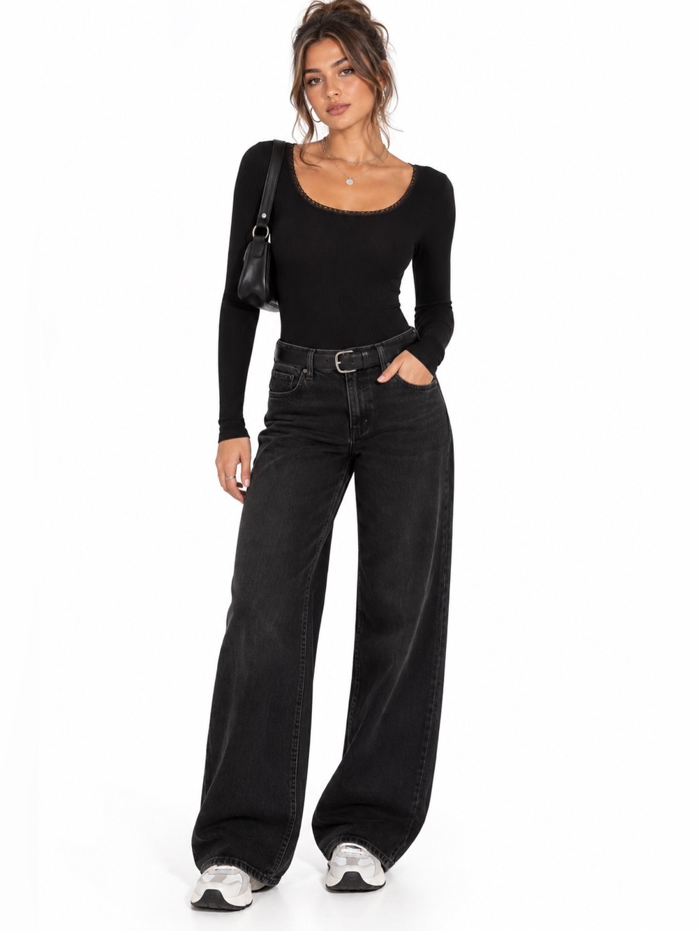 Socialite Black Long Sleeve Top Rib Ribbed Lace Trim Bodysuit XL Nordstrom NWT